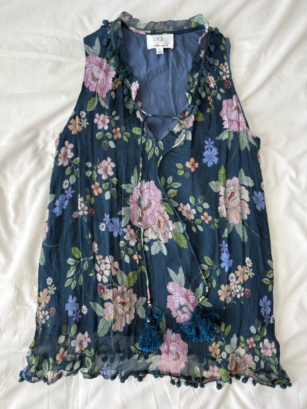 Johnny Was Silk Floral Top Small Blue Sleeveless V Neck Flowy Bohemian